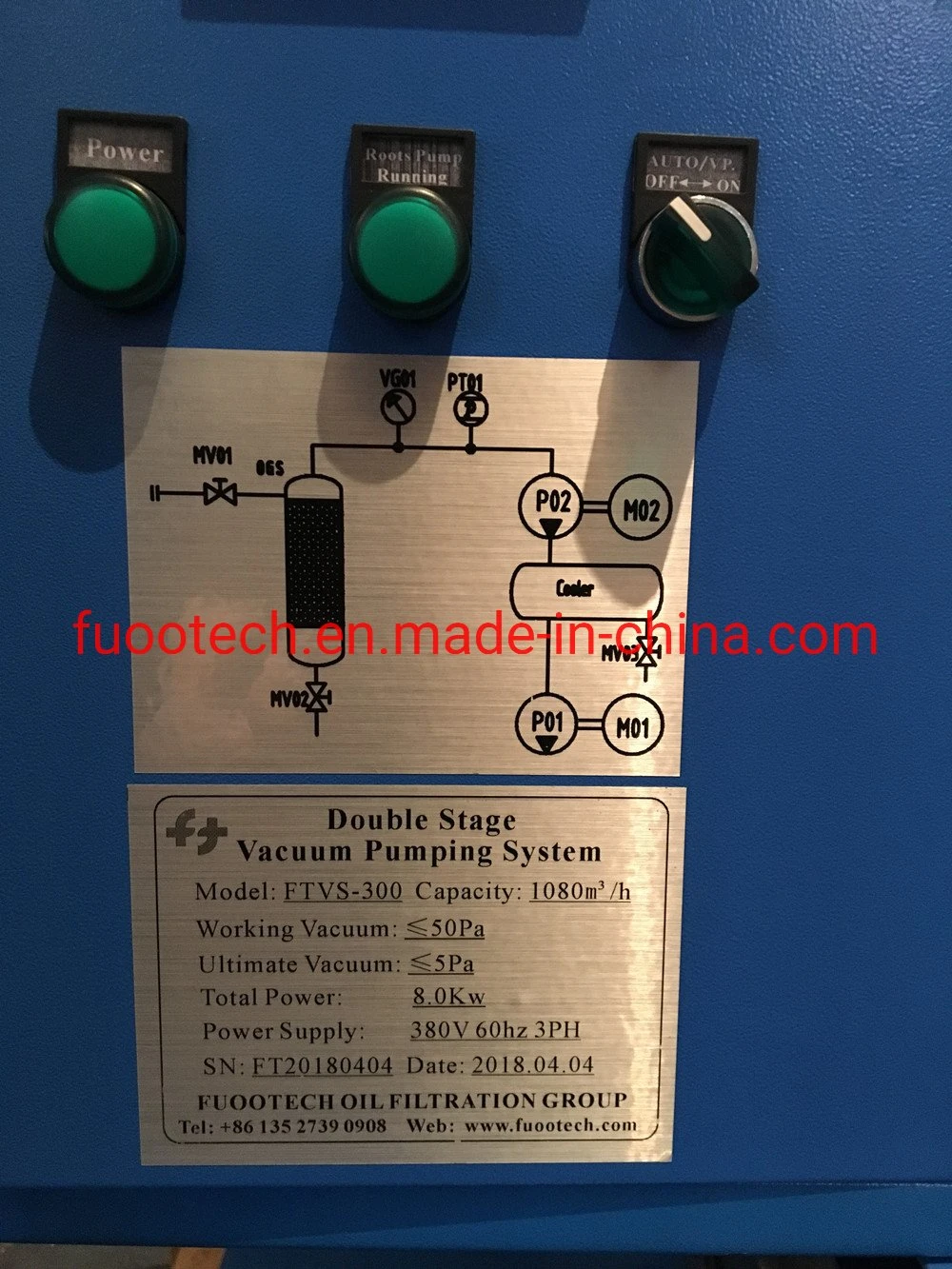 Two Stages Transformer Evacuation System with Rotary Vane Vacuum Pump and Booster Roots Pump